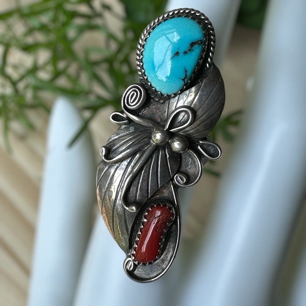 VTG‎ Navajo Ring Size 6.75 Turquoise Coral Floral Leaves Sterling Signed C 8.9g